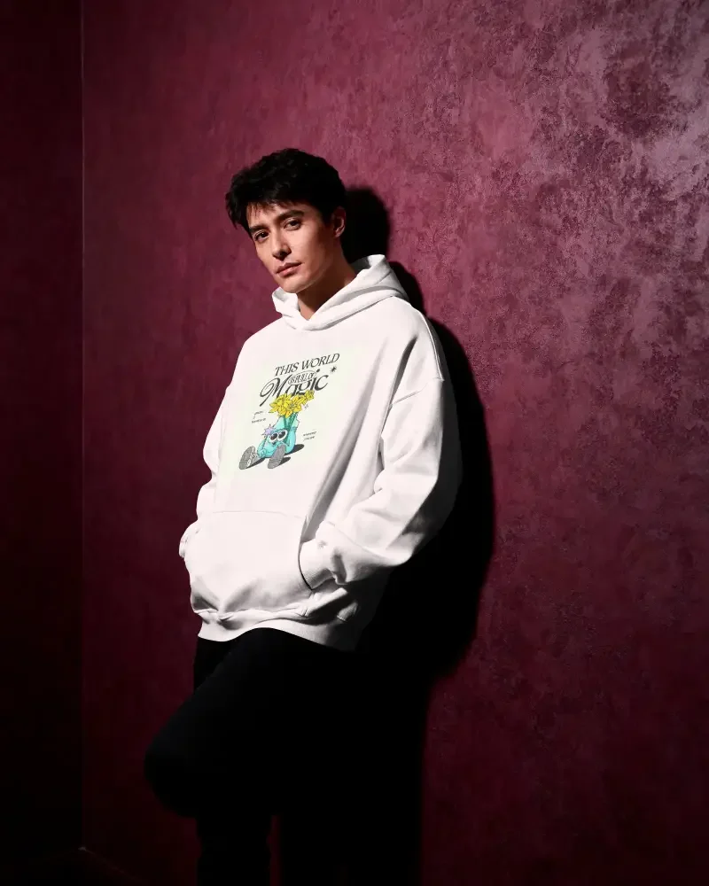 White printed hoodie on model