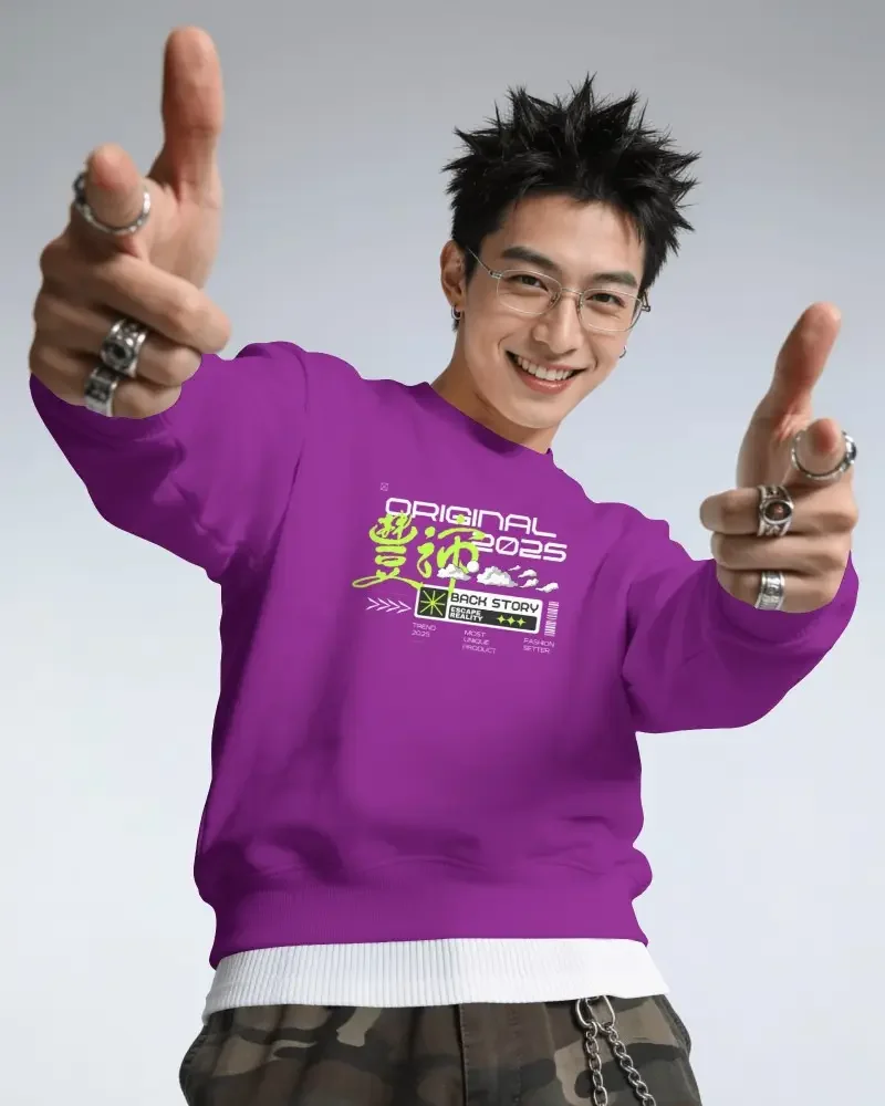 Purple printed sweatshirt on model